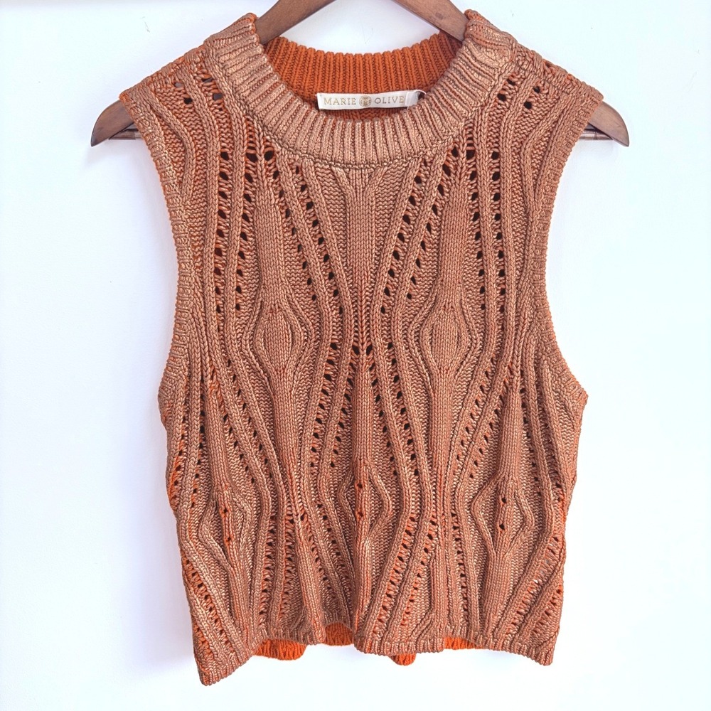 Marie Oliver Sweater Vest Large Boho Metallic Copper Orange Pointelle Cable Knit